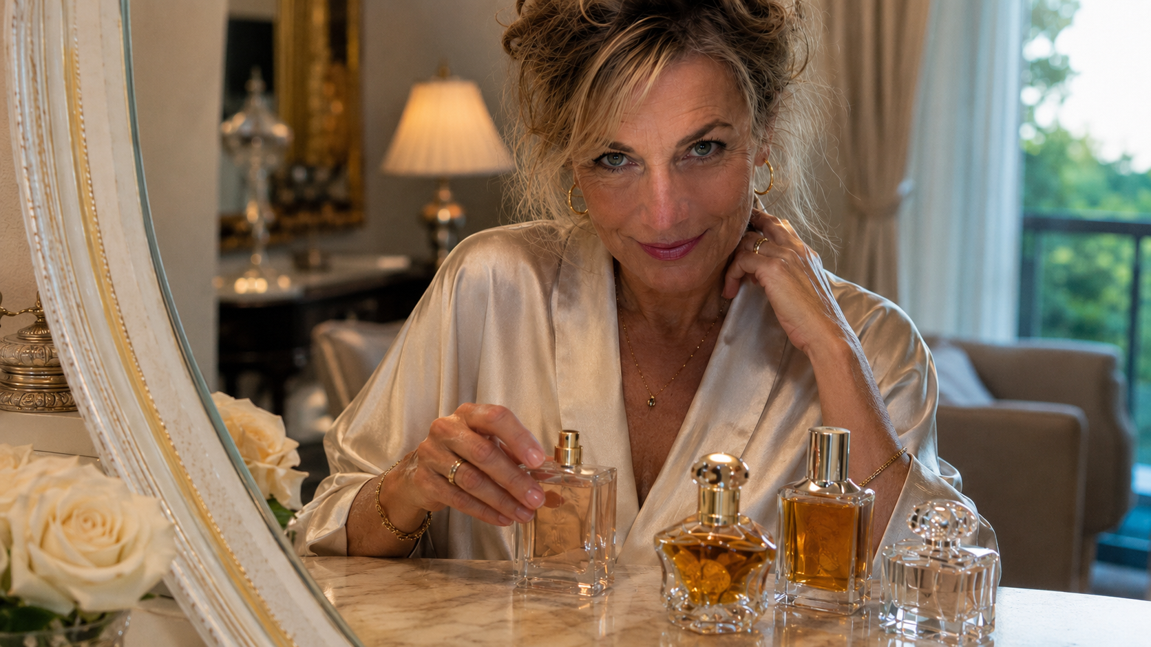 A confident woman at her vanity choosing from a curated collection of perfumes